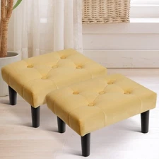 Small Footstool Ottoman, Velvet Wooden Foot Stool Ottoman with Wood Legs, Sof...