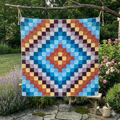 Handmade Sunset Mosaic Patchwork Queen Size Cotton Finished QUILT+2 shams