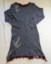 100% Silk Birds Swallows Artsy Dress Size 1 (M/L) Gray Long Sleeve Shift VTG