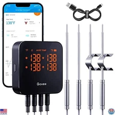 Wireless Meat Thermometer with 4 Probes, Smart WiFi App Alert for BBQ Grill