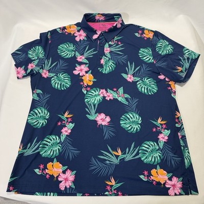 Birdie Bound Performance Polo Golf 2XL Navy Tropical Flower Hawaiian Beach Vacay
