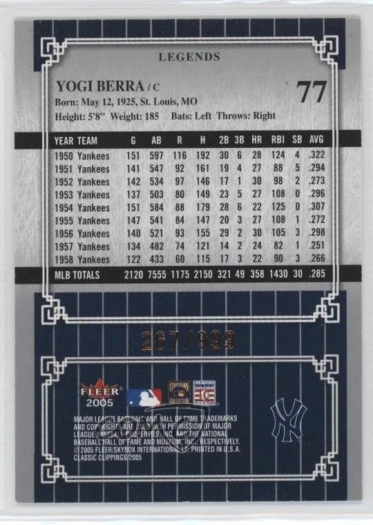 2005 Fleer Classic Clippings /999 Yogi Berra #77 HOF - Image 2 of 2
