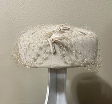 Vintage Taupe Off White Pillbox Hat With Netting 2 Ribbon 1930 s 1940 s