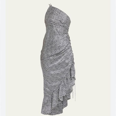 NEW   Cinq à Sept One Shoulder Zebra Ruched Asymmetric Midi Dress Size 8