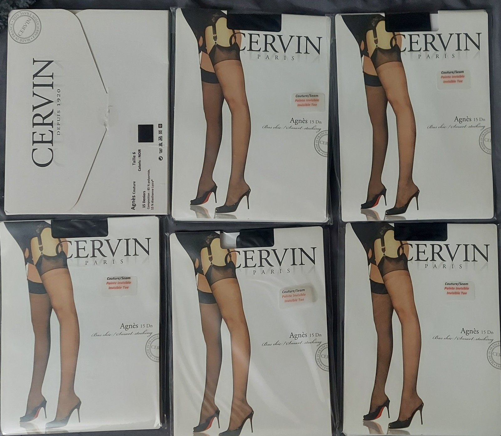 Seis pares de medias de nailon Cervin talla Talle 6 T6 XL Agnes Coutre 15 costura Dn