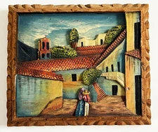 1930s 40s MEXICO FOLK ART CARVED RELIEF WOOD PUEBLO SCENE PLAQUE PANEL 12 x 10"