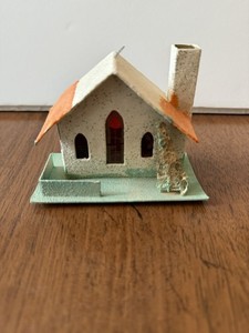  Vintage Putz style Church with Tree & Cellophane windows.