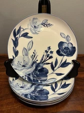 NEW Set of 4 MIKASA DARCY Blue & White Floral Bone China 9" Salad Plates Dishes