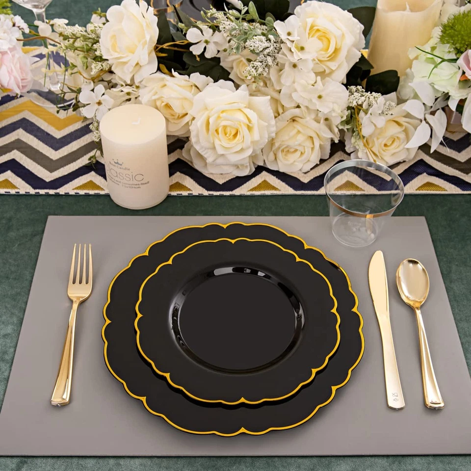 Morejoy 175 PIEZAS Placas de Plástico Negro Dorado, Placas Desechables Negras con Pre Foto 4 de 4