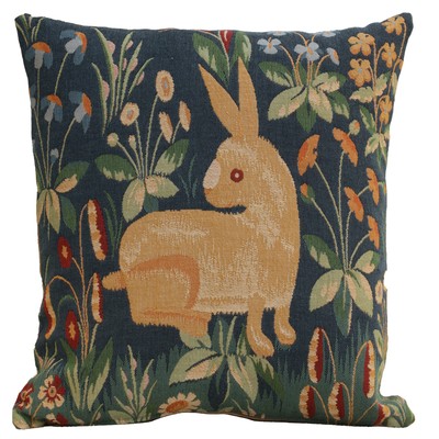 French Tapestry Medieval Rabbit Pillow Cover 19x19 Cotton Woven Cushion