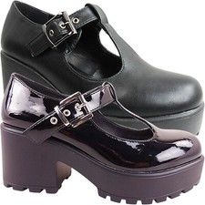 WOMEN LADIES MID HIGH BLOCK HEEL T-BAR MARY JANE PLATFORM SCHOOL WORK SHOES SIZE