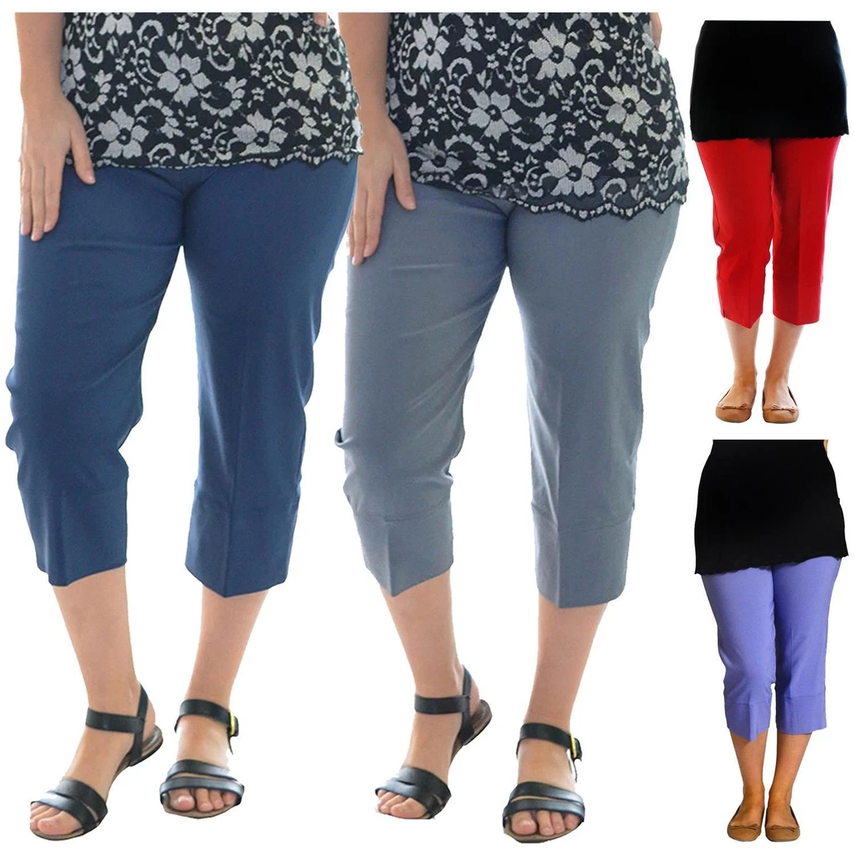 Ladies Plus Size 3/4 Length Cropped Elasticated Stretchy Capri