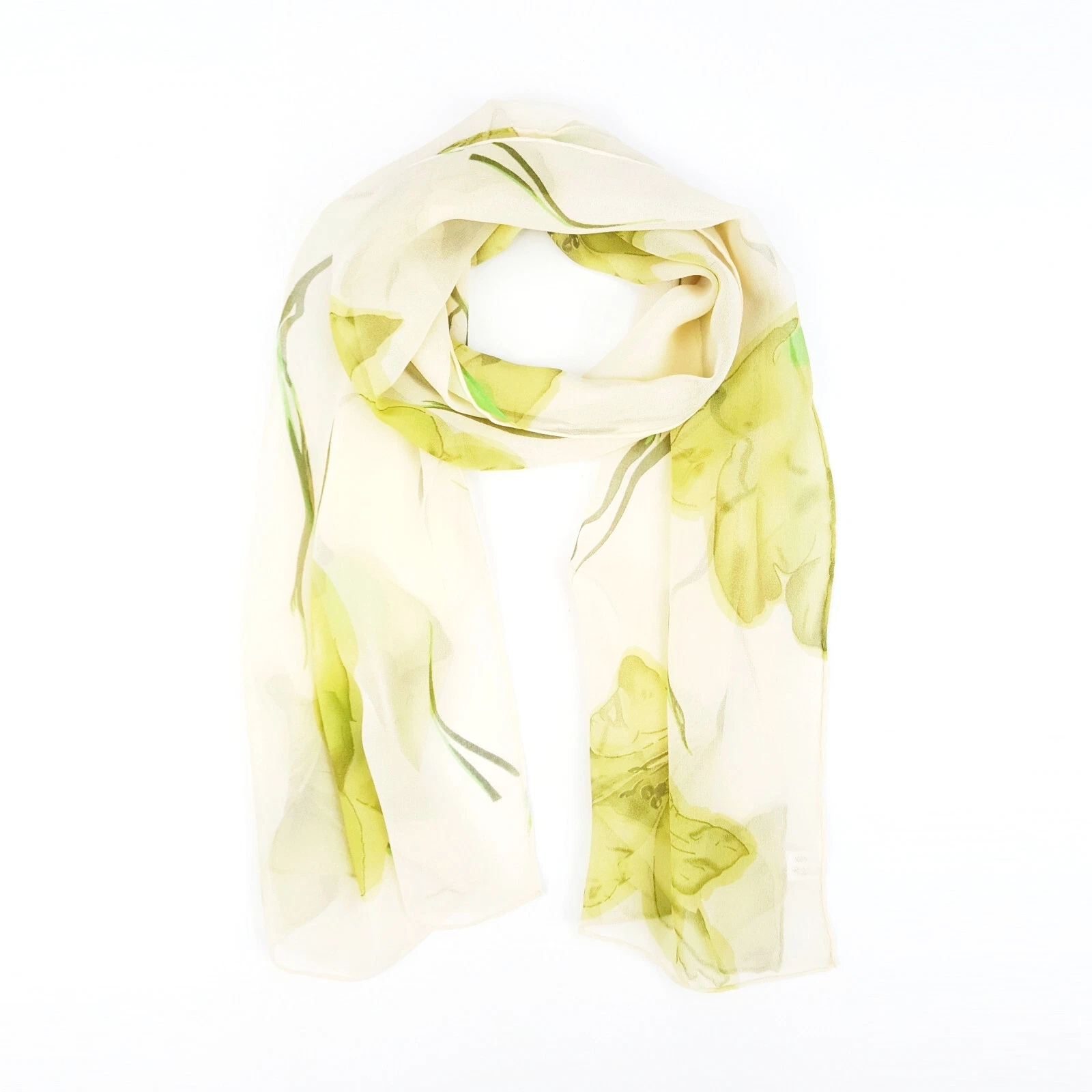 Écharpe longue étole en mousseline de soie transparente imprimé floral vert ivoire 53 x 13 po 135 x 33 cm