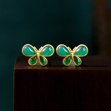 Green Real Jade Butterfly Earrings 18K Gold Plated Natural Jewelry Women