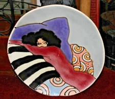 Art Pottery Abstract Plate Signed Dermery 1985 Woman Lying On Bed Black Hair