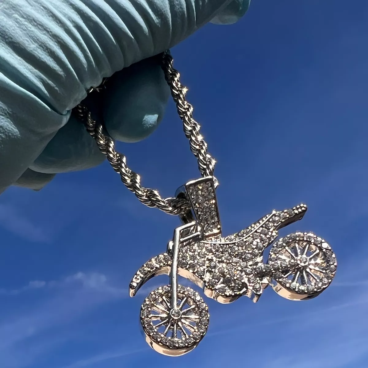 Motorcycle Bike Rope Chain Silver Tone Iced Simulated CZ Bling Out