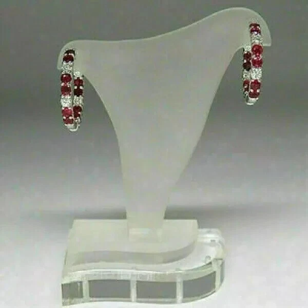 2Ct Round Cut Lab Created Red Ruby Women's Hoop Earrings 14K White Gold Plated - Image 3 of 4