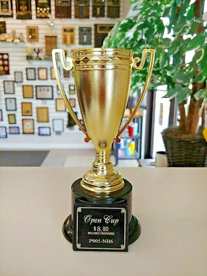 TROPHY CUP AWARD  7'' TALL GOLD ON ROUND BLACK BASE FREE ENGRAVING P905~NB6