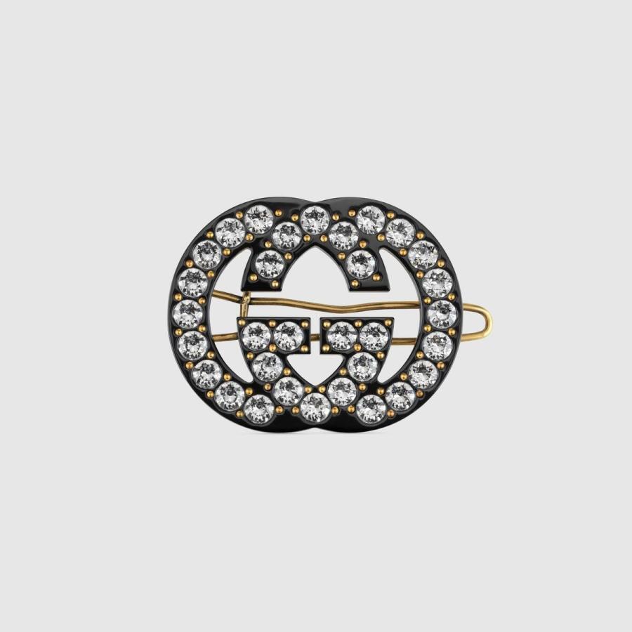 Gucci Hair Clip Accessory Black Clear Gold Metal GG Crystal Gucci Hair Clip Accessory Black Clear Gold Metal GG Crystal