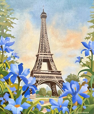 Eiffelturm mit Fleur-de-Lys, Ölgemälde auf Leinwand, Paris, Frankreich, gerahmt