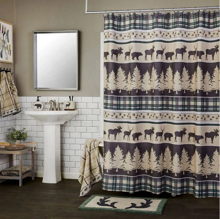 Cabin Pine Wildlife Lodge Forestry Fabric Shower Curtain Modern Rustic 70 X72