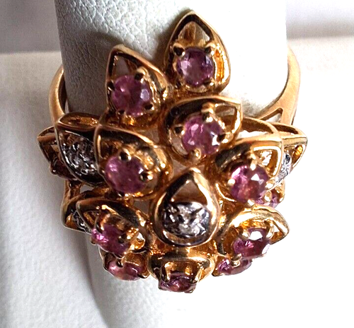 YELLOW GOLD RUBY AND DIAMOND COCKTAIL RING SIZE 8 - Picture 6 of 11