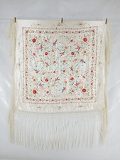 Vintage Chinese Silk Hand Embroidered Floral Piano Shawl 44x43 inches