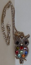 VINT SILVERTONE RHINESTONE OWL BIRD PENDANT NECKLACE