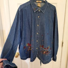Just My Size 100% Cotton Denim Shirt Long Slv Button Embroidered Back Ties 22/24