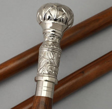 Chrome Finish Brass Knob Handle Walking Stick 3 Fold Brown Wooden Cane Men's Gif