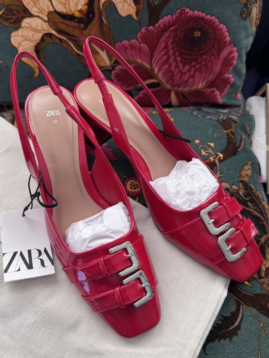 ZARA Red Faux Patent Heeled Slingback Buckled Shoes Size UK EUR