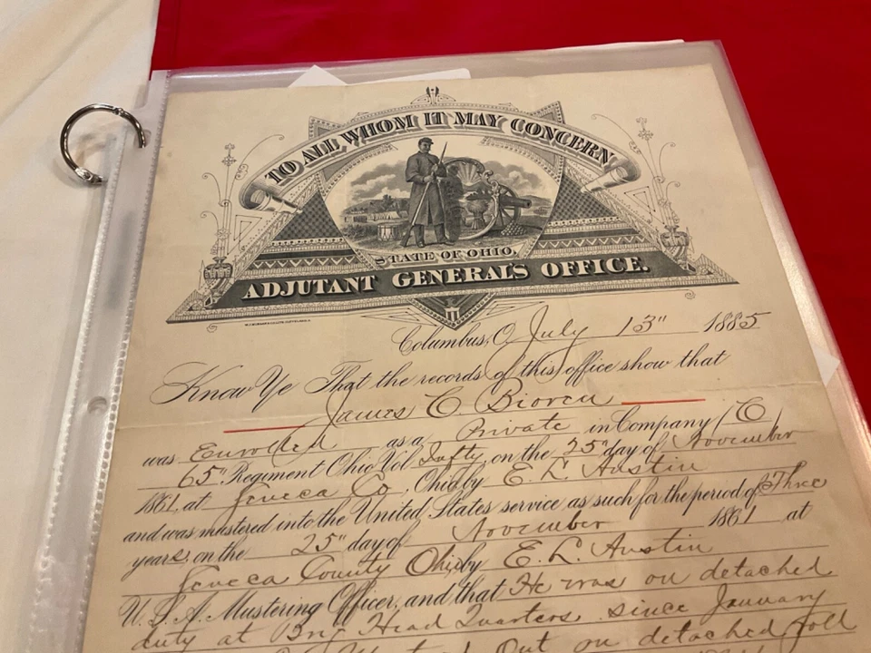 1240 GUERRA CIVIL OHIO 65º CERTIFICADO VETERANOS INFANTERÍA 1885 OFICIAL 1861 Hasta 64 Foto 3 de 4