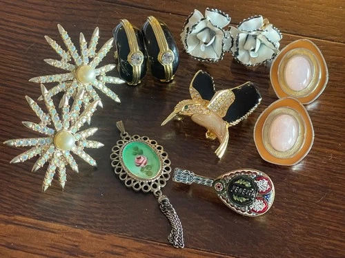 Vintage Lot Costume Jewelry Earrings Pendant Micro Mosaic Pin