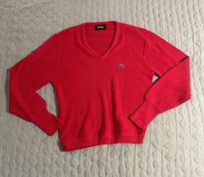 VINTAGE IZOD LACOSTE V NECK KNIT SWEATER Large RED BLUE CROC ACRYLIC 80s