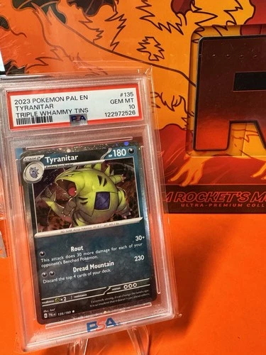 2023 POKEMON PALDEA EVOLVED TRIPLE WHAMMY TINS #135 TYRANITAR PSA 10 Cosmos Holo