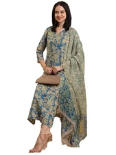 GoSriKi Women's Rayon Blend Printed Straight Kurta with Pant & Dupatta