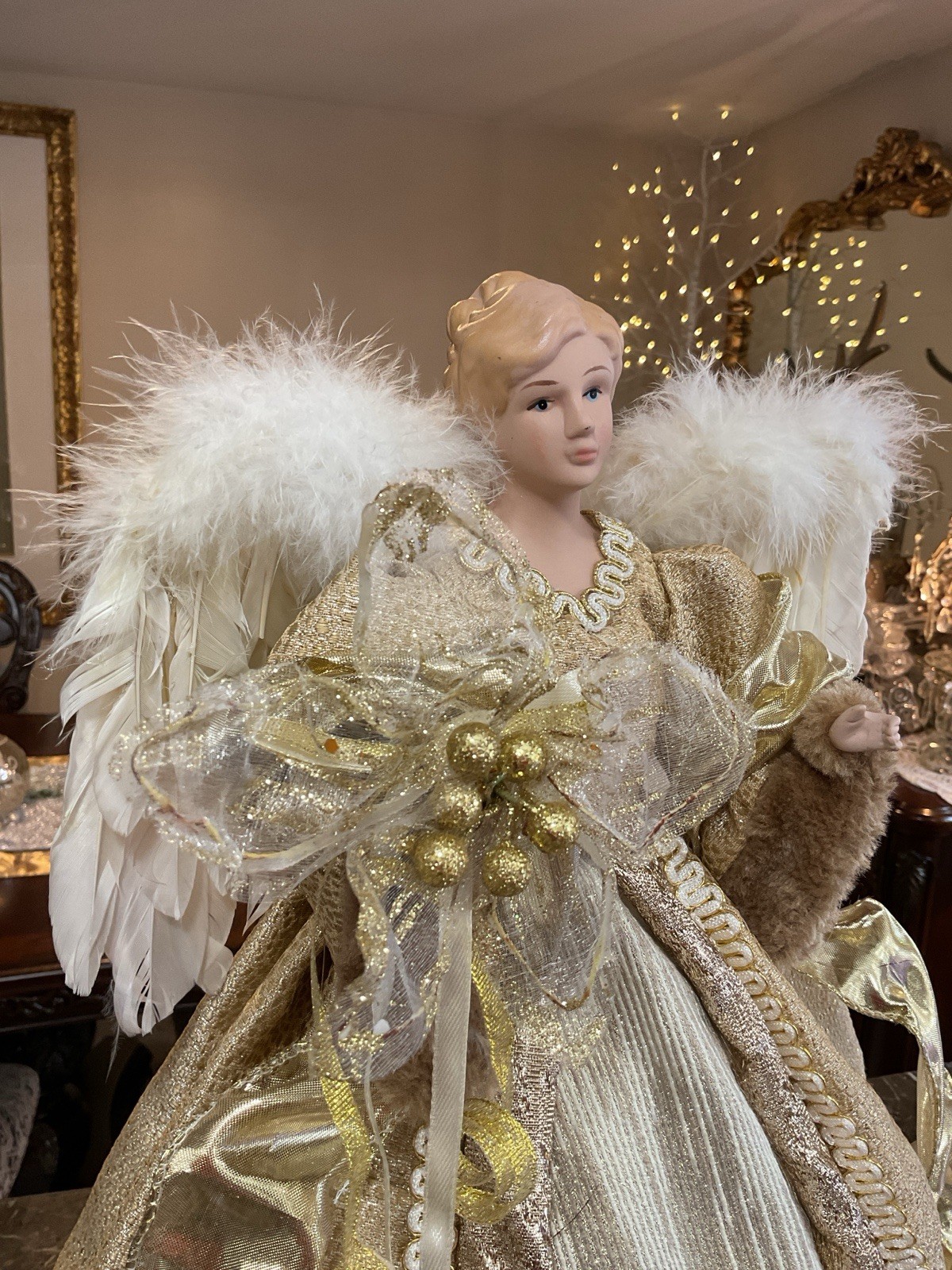 Christmas Angel Tree Topper Ivory Gold And Brown Elegant Gown 17” Stunning