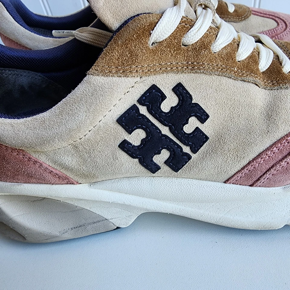 Tory Burch Good Luck Trainer Multi Panel Cream Navy Pink Suede Sneakers Sz 9 - Image 4 of 4