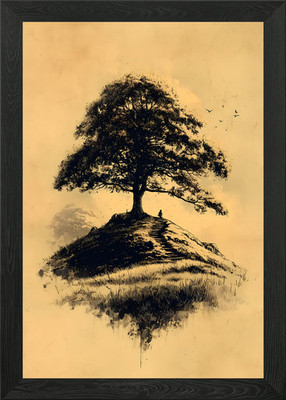 Einsamer Baum auf Hügel Illustration gerahmt Wandbild Poster Leinwanddruck Bild
