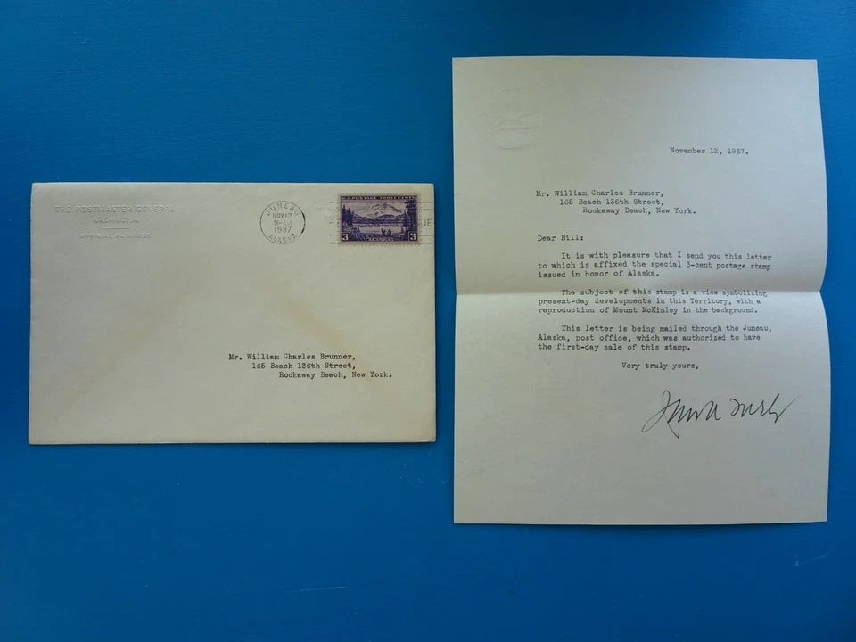Farley FDC 800 Mt McKinley Alaska 1937 SIGNED Official Postmaster Stationery - Image 2 of 4