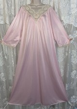 VTG L XL PINK Soft Nylon Granny Style Nightgown Negligee Gown Ivory Inset Lace