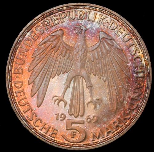Germany  Toned silver coin Gem  Proof  1969 Golds Pinks Blue toning eagle