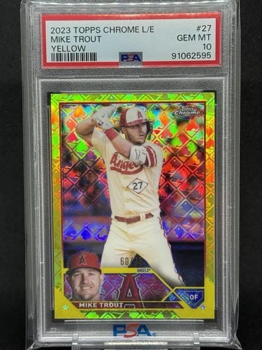 2023 Topps Chrome #27 Mike Trout Logofractor Yellow 60/75 PSA Gem 10 LA Angels