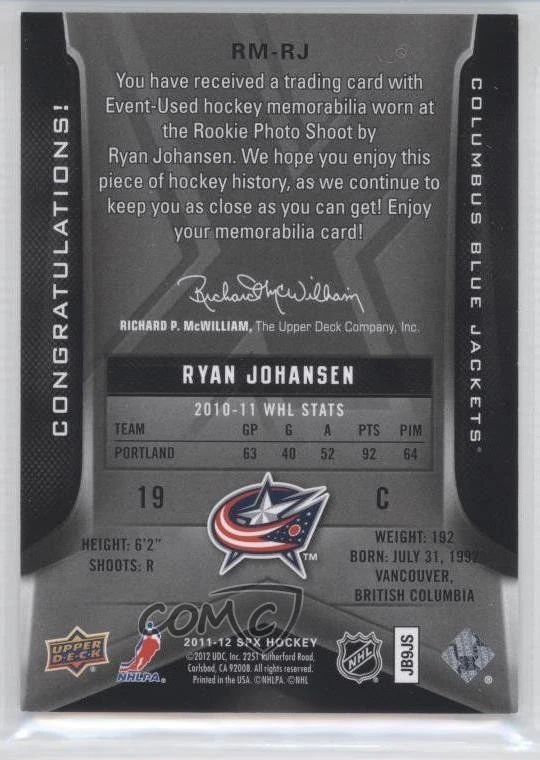 2011-12 SPx Rookie Materials Ryan Johansen #RM-RJ RC - Image 2 of 2