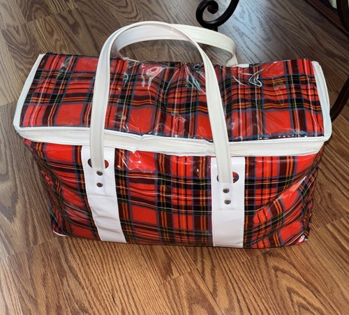 Vintage 1970s Lady’s Pride Red Tartan Plaid Vinyl Insulated Picnic Bag Soft - Picture 3 of 12