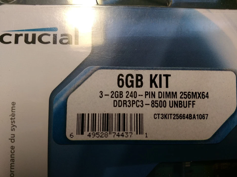 Crucial 6GB Kit 2GBx3 240 Pin DIMM DDR3 PC3 8500 Memory Module - Image 3 of 3