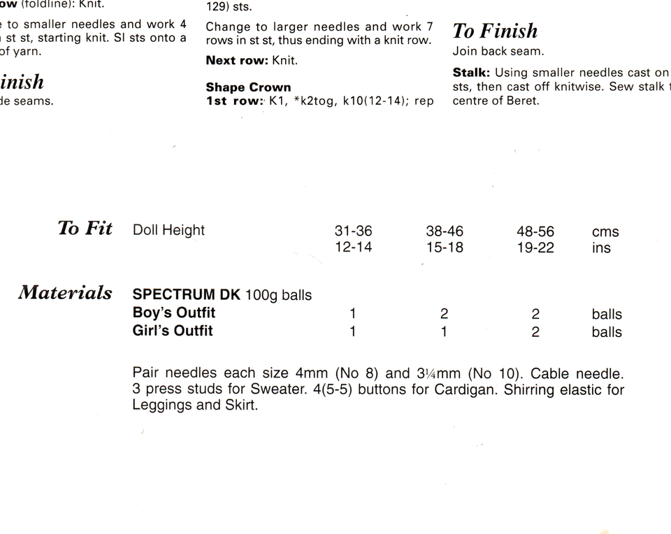 Spectrum DK Doll KNITTING PATTERN Baby Dolls Clothes Sweater Trousers