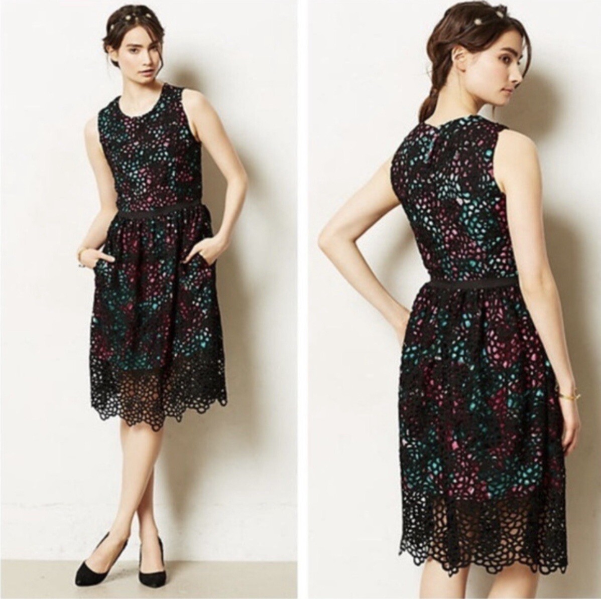 Anthropologie Wolven Garden Terrace Lace Jewel Tone Fit & Flare Dress  Pockets 8 | eBay