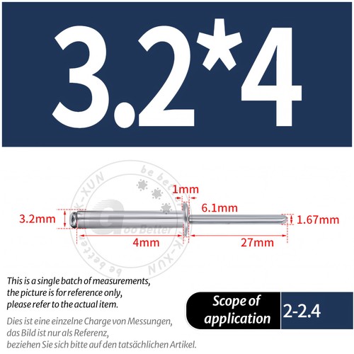 POP RIVETS ALUMINIUM BODY STEEL MANDREL OPEN END DOME HEAD 2mm 2.4mm 4mm - 6.4mm - Picture 54 of 174