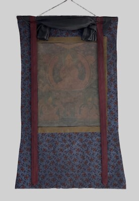 VINTAGE CHONGAPA/ JE TSONGKHAPA TIBETAN THANGKA PRINT WITH COTTON BROCADE
